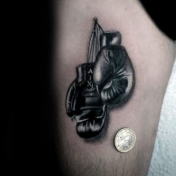 Small Mens Realistic Boxing Gloves Tattoo On Thigh
