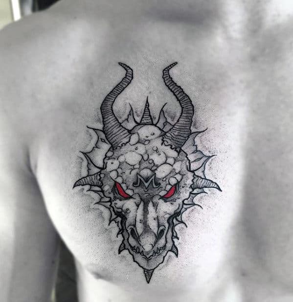 Small Mens Shaded Dragon With Red Eyes Upper Chest Tattoo
