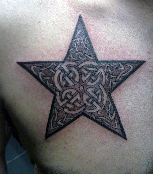 Tattoo of an intricate, interwoven Celtic design inside a five-pointed star