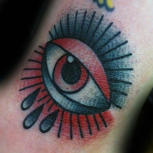 Small Mens Traditional Eye Red And Black Ink Forearm Tattoos