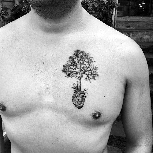 Small Mens Tree With Heart Upper Chest Tattoo