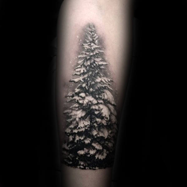 Small Mens Winter Tree Covered In Snow Forearm Tattoo