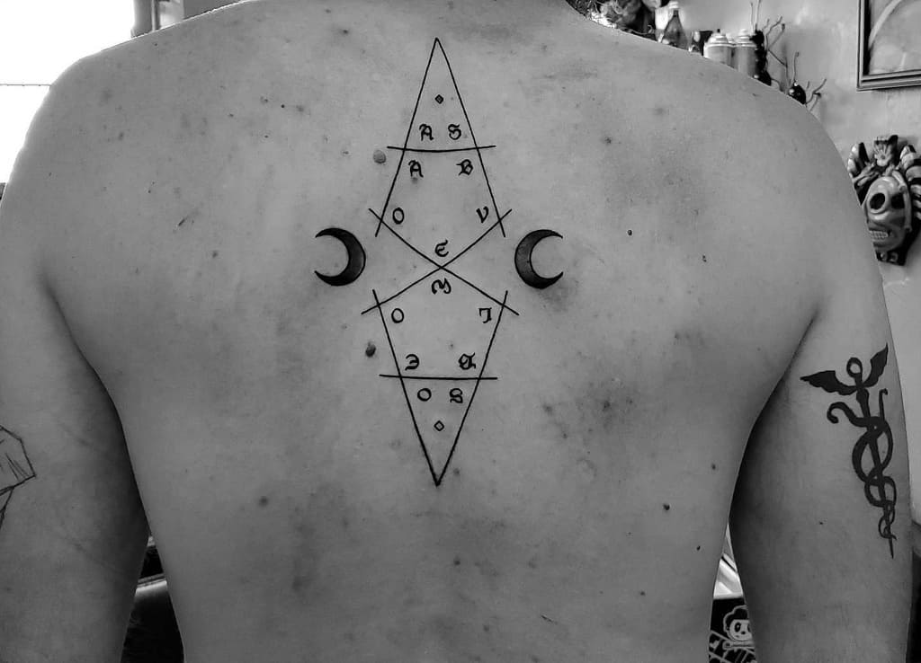 Geometric minimalist tattoo featuring moons and intricate symbols, emphasizing cosmic balance and harmony