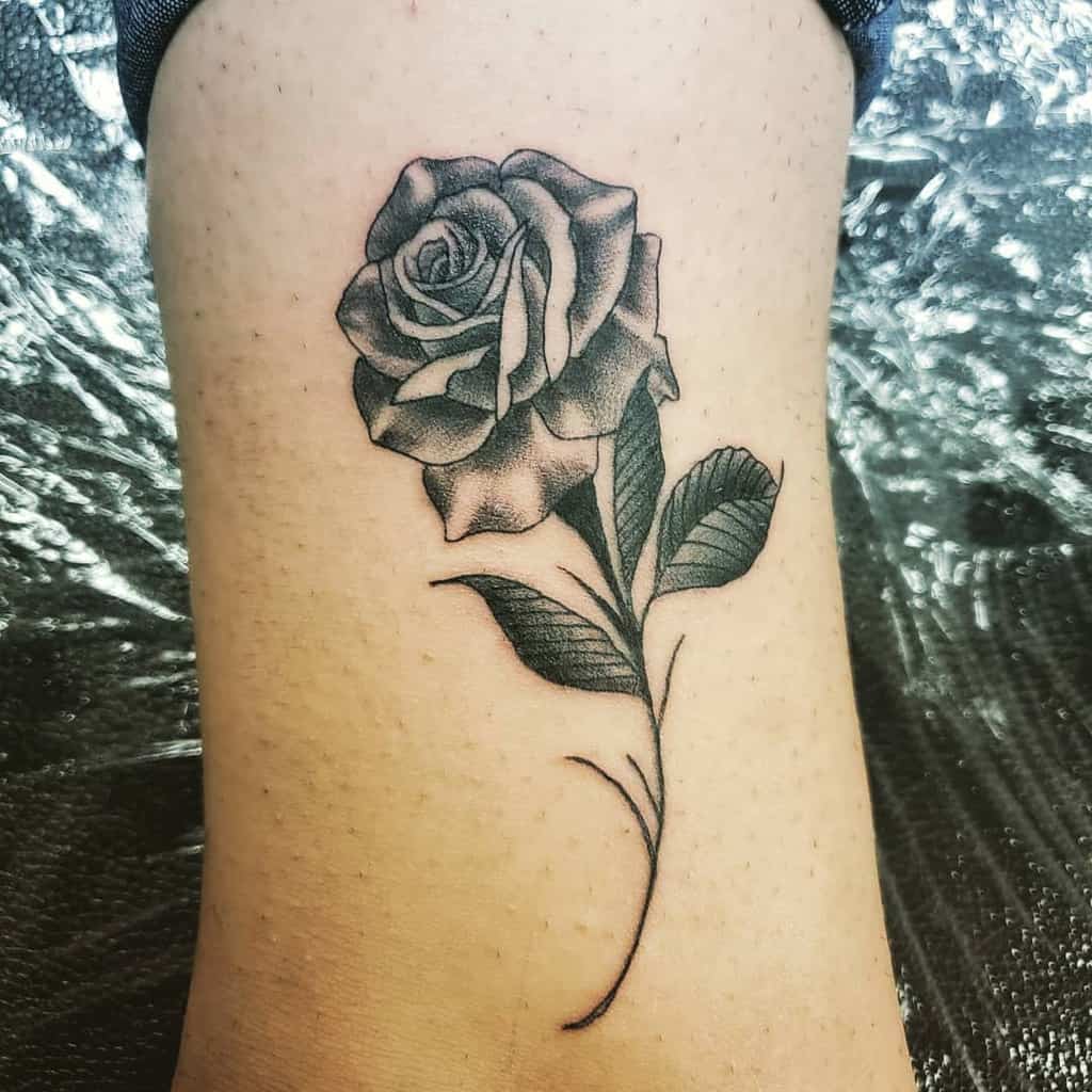 Detailed black and gray rose tattoo with a curved stem and realistic leaves, showcasing timeless elegance on the skin