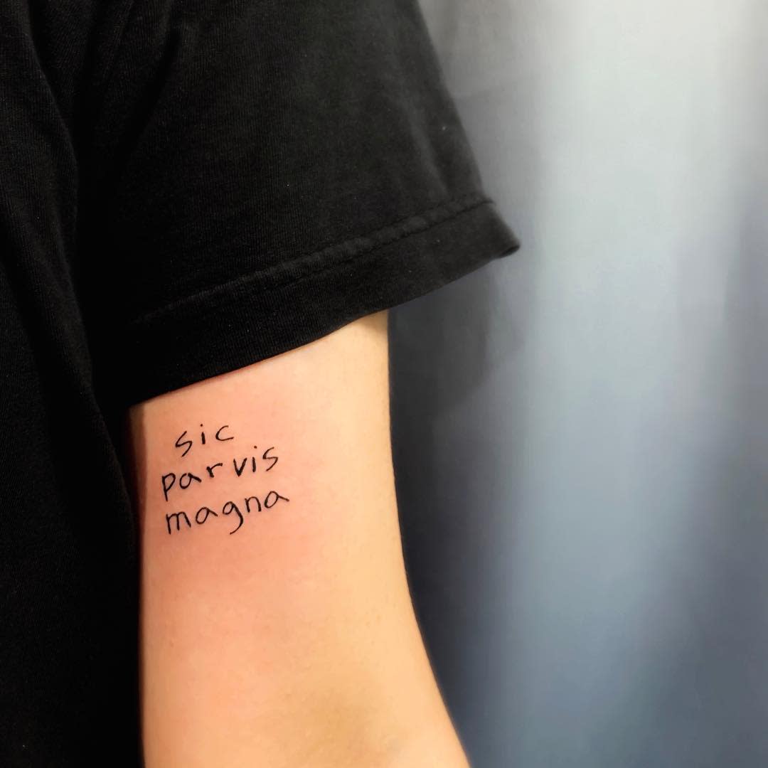 Tattoo on arm reading "sic parvis magna" in simple black lettering