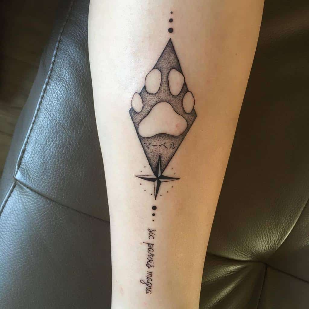 Minimalist forearm tattoo of a paw print in a diamond shape, compass design, and 'sic parvis magna' text in elegant script