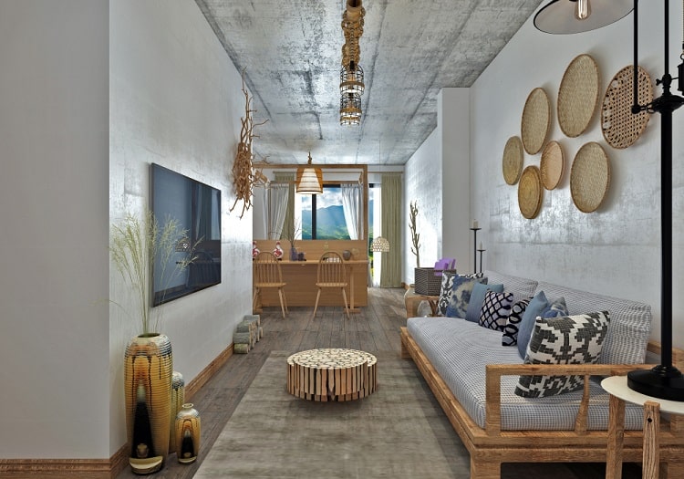 Modern small living room with a clean and minimalistic design, featuring exposed unfinished ceiling, neutral tones, and natural wooden elements