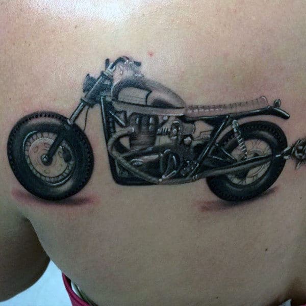 Small Motorcycle Body Art Tattoo For Guys On Back Of Shoulder