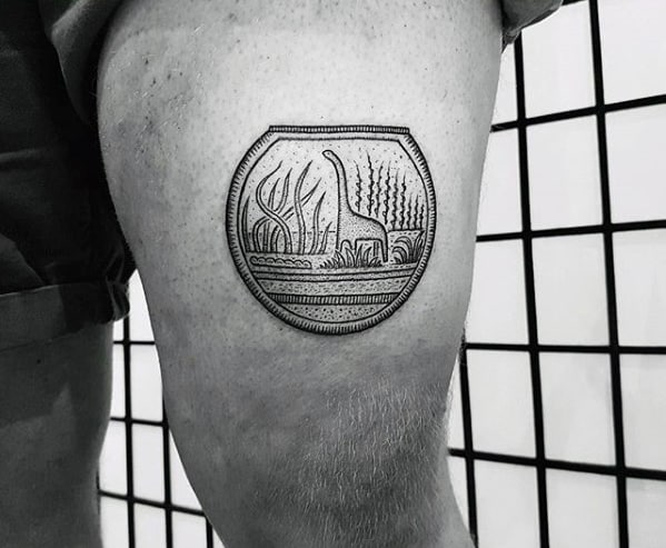 Small Nature Dinosaur Mens Thigh Tattoos