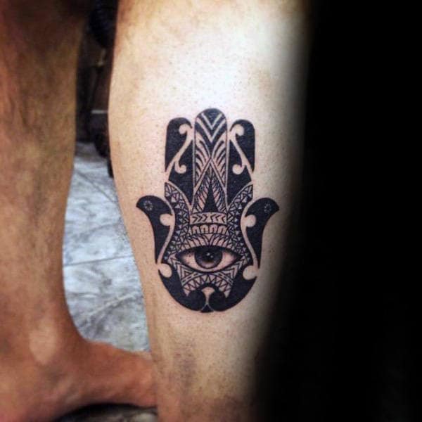 Small Negative Space Hamsa Mens Black Ink Leg Tattoos