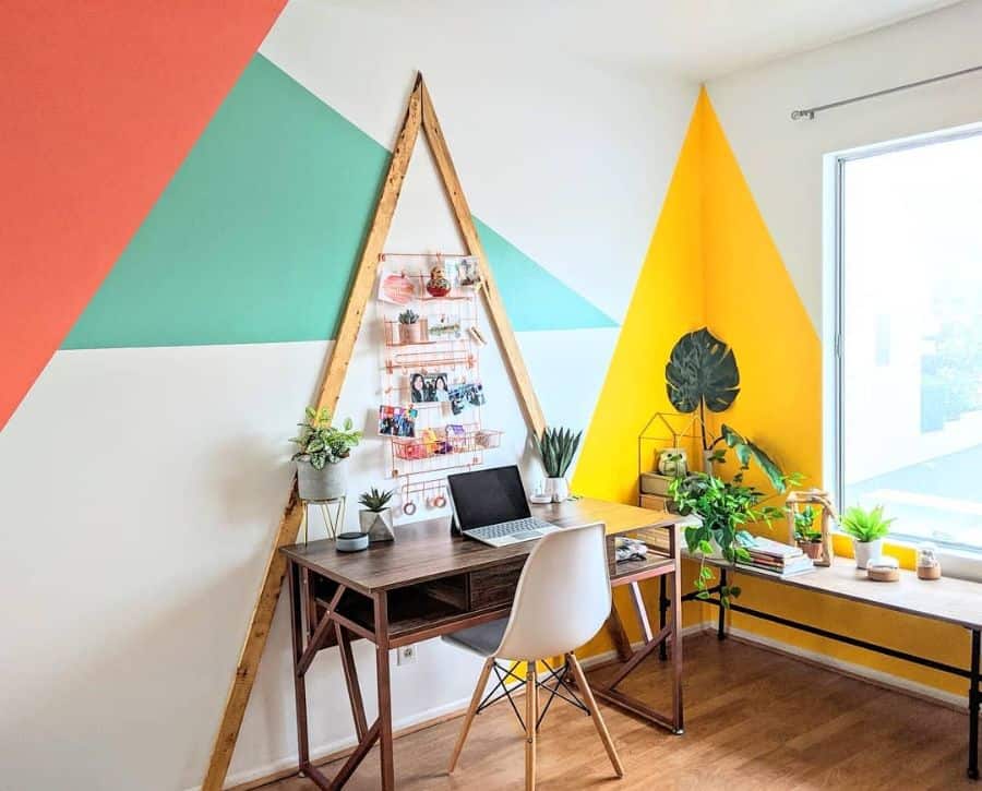 home office colorful wall design wood desk with shelves wall storage