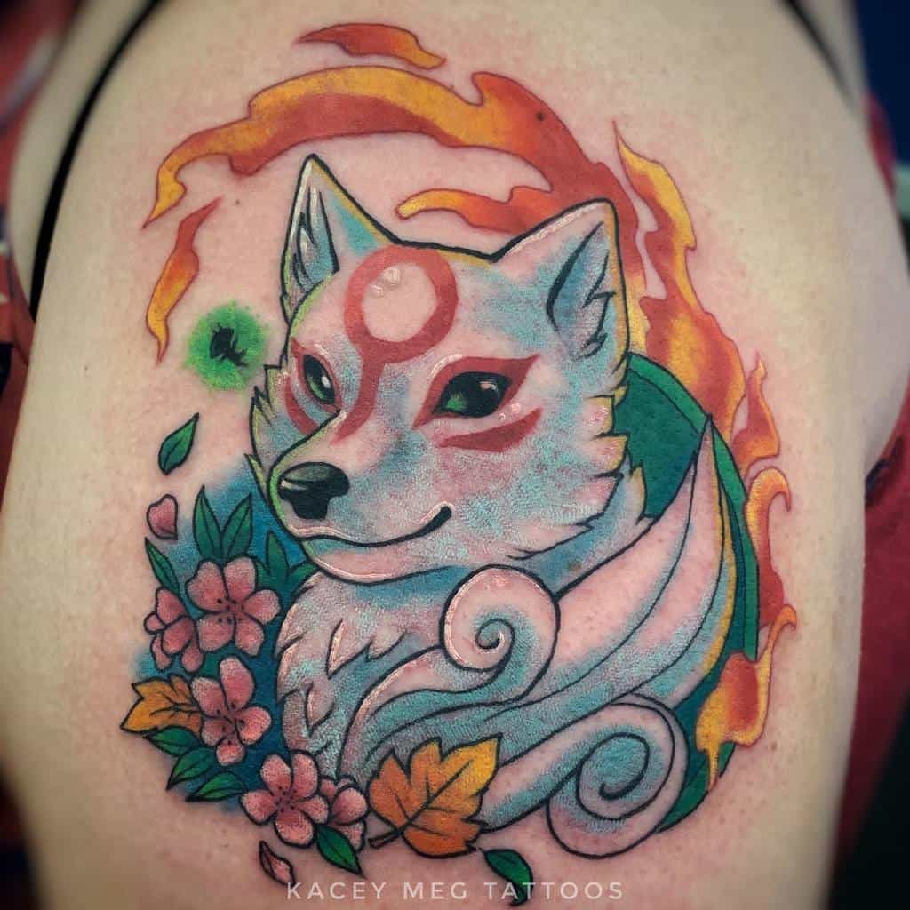 Bright and colorful Okami tattoo of Amaterasu with soft shading, fiery swirls, and floral accents, blending a playful and divine aura