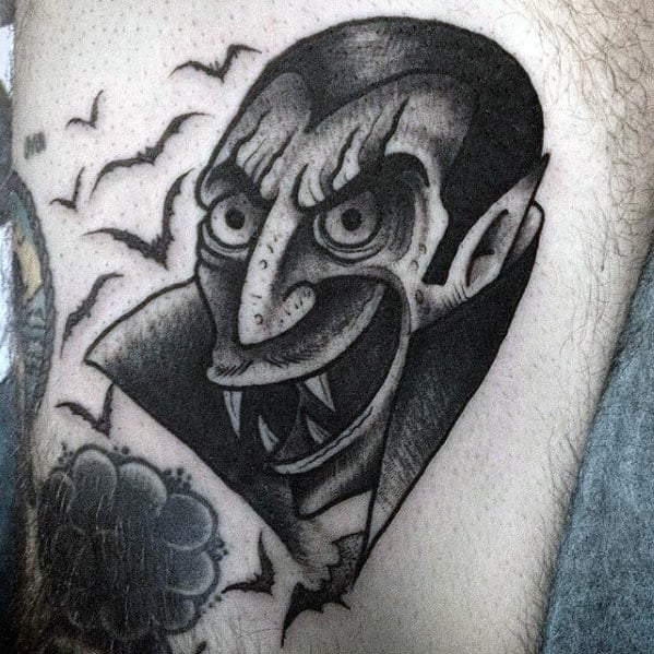 Small Old School Traditional Dracula Mens Thigh Tattoo