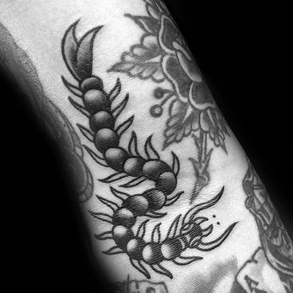 Small Old School Traditional Forearm Centipede Guys Tattoos