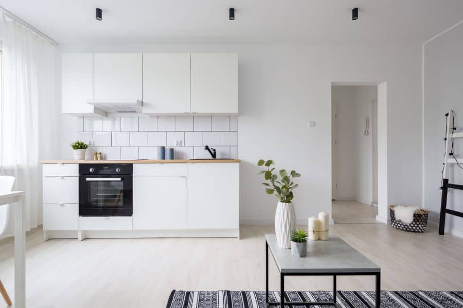 white open plan kitchen in small apartment