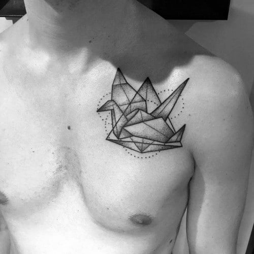 Small Origami Male Crane Geometric Tattoo On Upper Chest