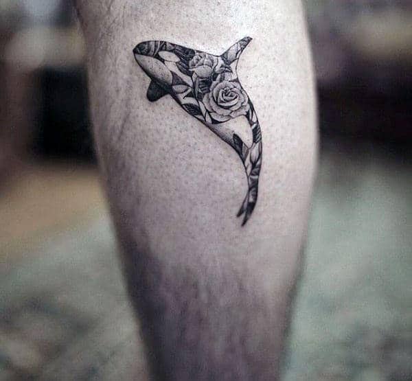 Small Ornate Whale Fower Guys Leg Tattoo
