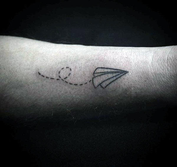 Small Outer Forearm Male Paper Airplane With Trail Tattoo Ideas