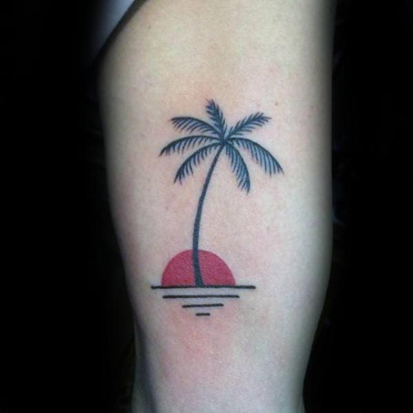 Small Palm Tree With Red Sun Mens Thigh Tattoo Ideas