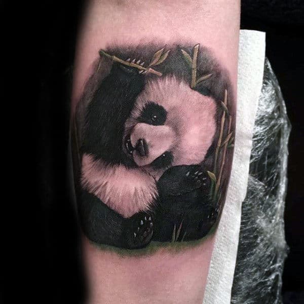 Small Panda Bear Animal Forearm Tattoo On Gentleman