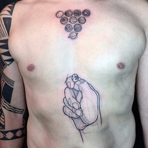 Small Planets Artistic Mens Sketched Badass Chest Tattoo