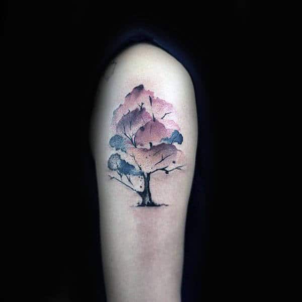 Small Purple Watercolor Tree Tattoo On Arms