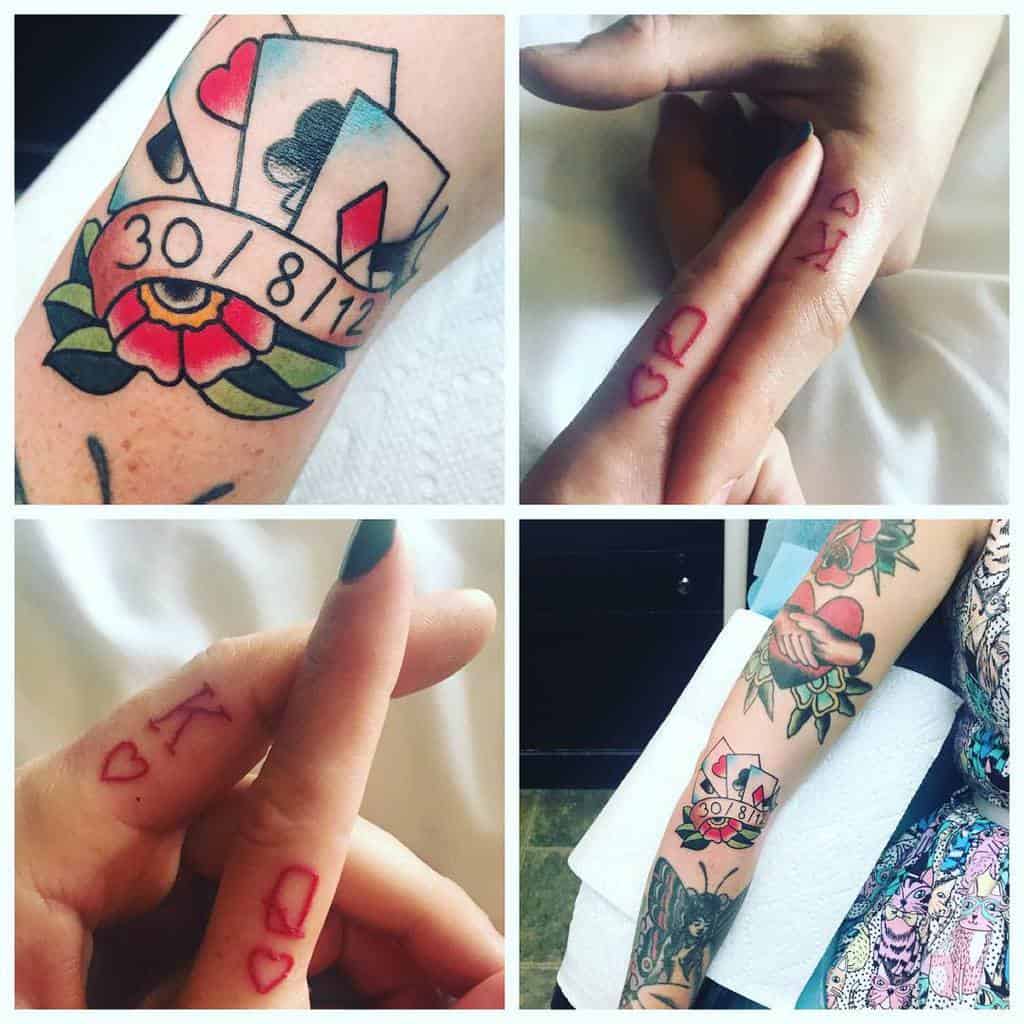 Tattoo collage: cards, dates, and red ink K & Q with heart symbols on fingers