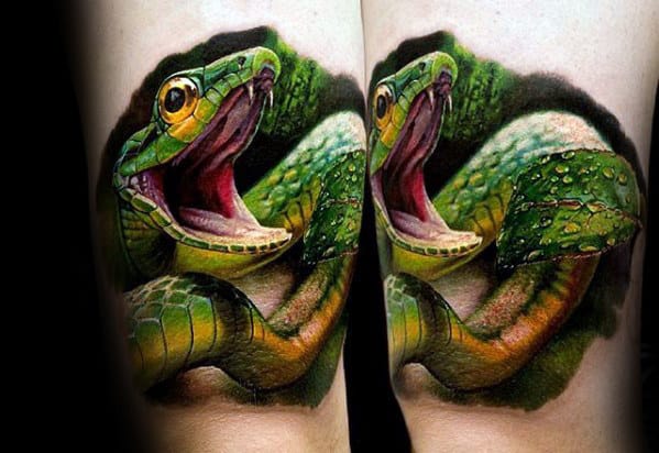 Small Realistic 3d Green Snake Mens Arm Tattoo