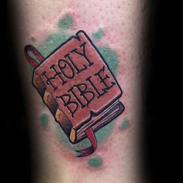 Small Religious Holy Bible Mens Arm Tattoo