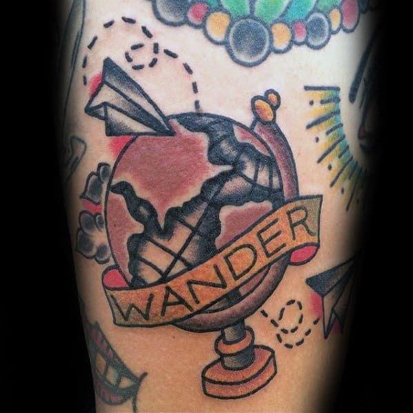 Small Retro Guys Wanderlust Globe Paper Airplane Forearm Tattoo