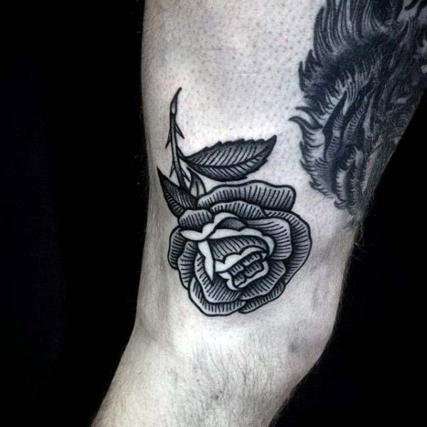 Small Rose Flower Woodcut Mens Arm Tattoo