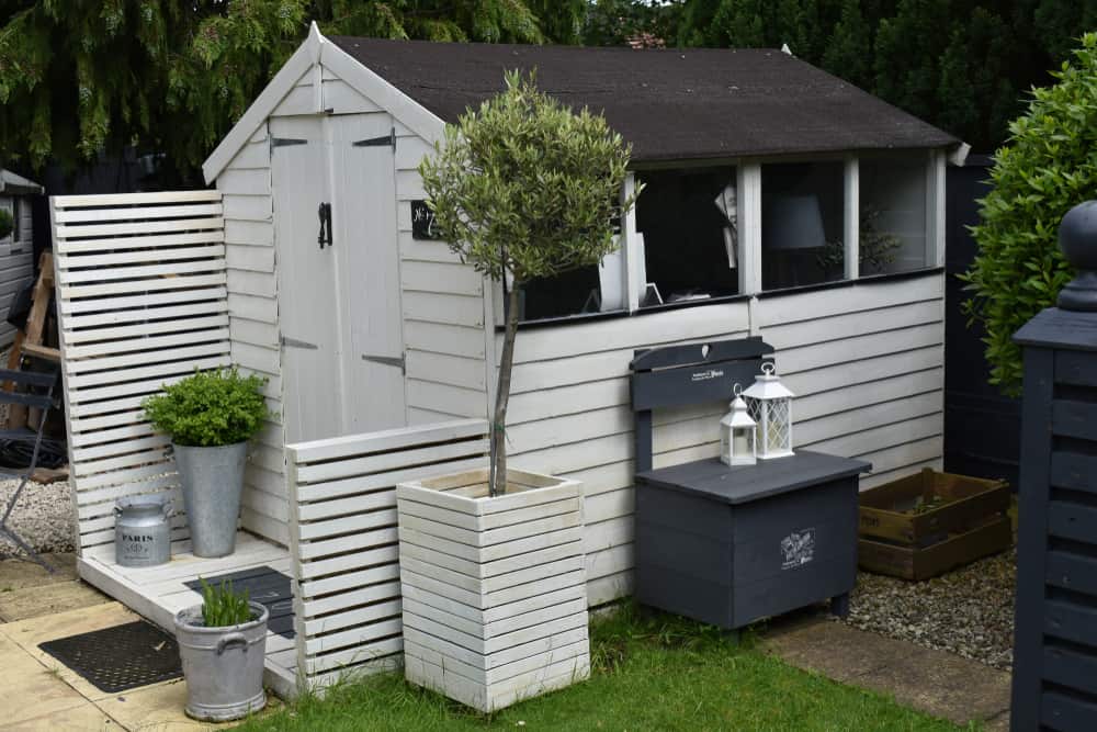 small white wood she shed in backyard 
