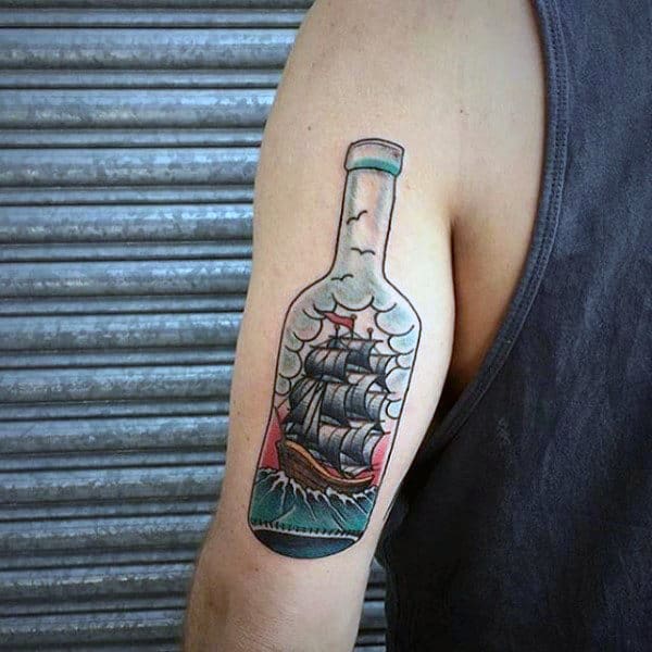 Small Ship In A Bottle Old School Guys Tattoos
