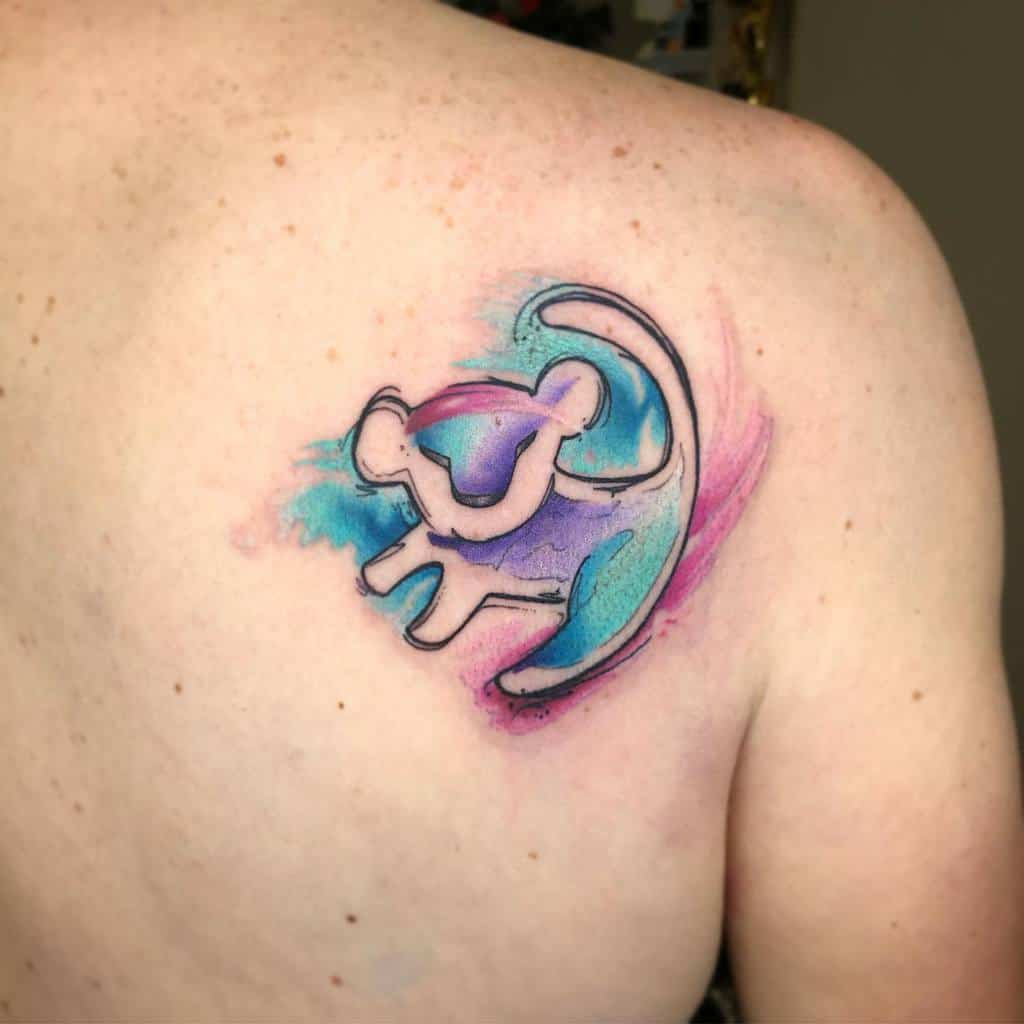 Colorful watercolor-style tattoo of Simba, featuring fluid, abstract lines and vibrant blue and purple hues for a dynamic look