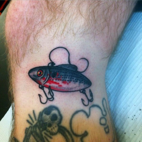Small Simple Baitfish Hook Tattoo For Gentlemen On Legs