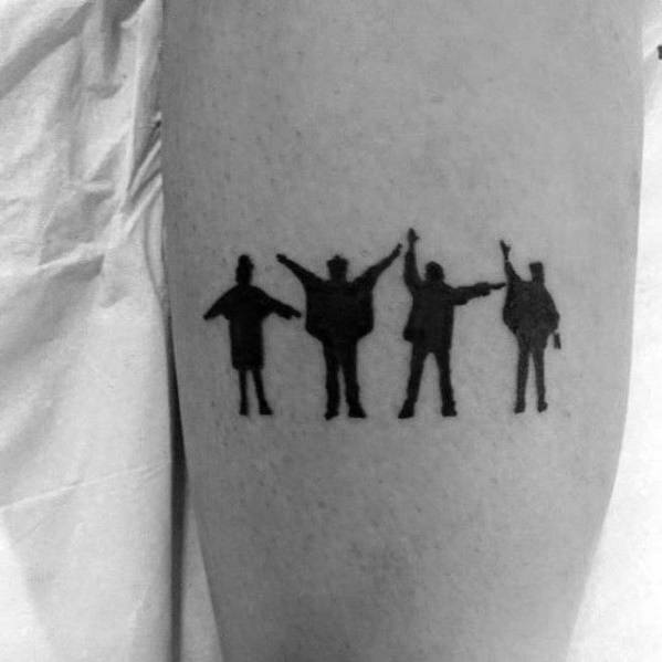 Minimalist silhouette tattoo of The Beatles in their iconic "Help!" pose, each member with distinct arm gestures in bold black ink.