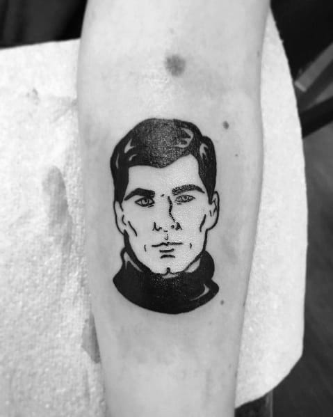 Minimalist black ink Archer tattoo featuring the spy’s face with bold outlines and a turtleneck, capturing his signature look.