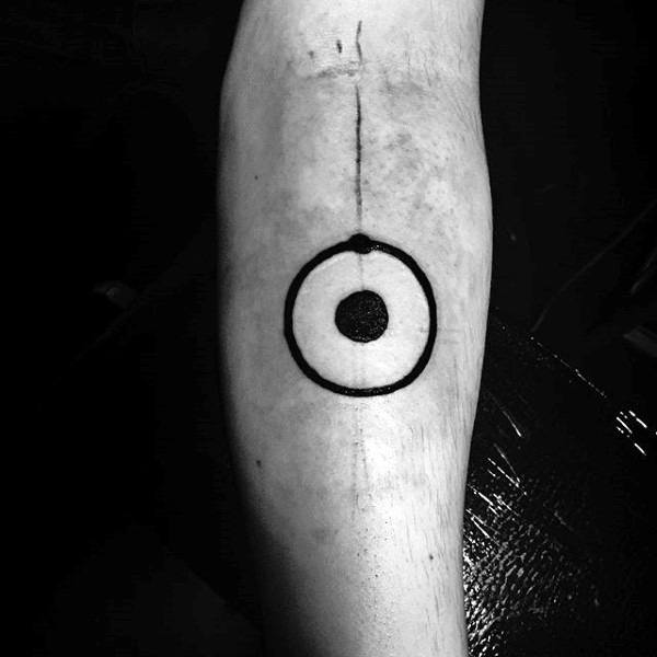 Small Simple Black Ink Atom Mens Inner Forearm Tattoo Ideas