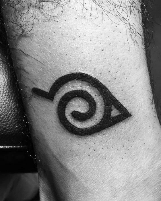 Minimalist black ink tattoo of the Hidden Leaf Village symbol from Naruto, featuring a clean spiral design