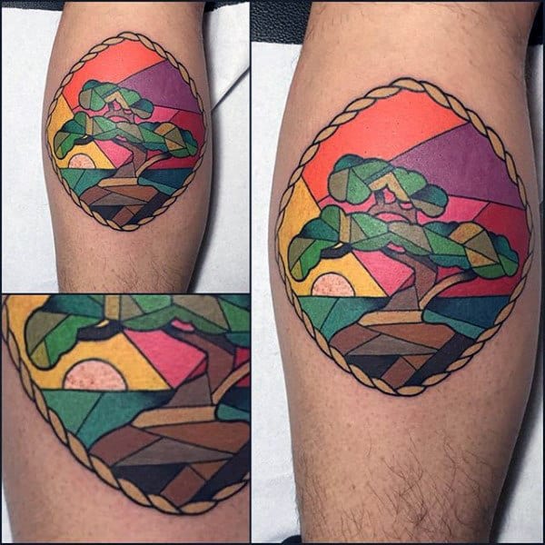 Small Simple Bonsai Tree Stained Glass Leg Calf Tattoos For Guys