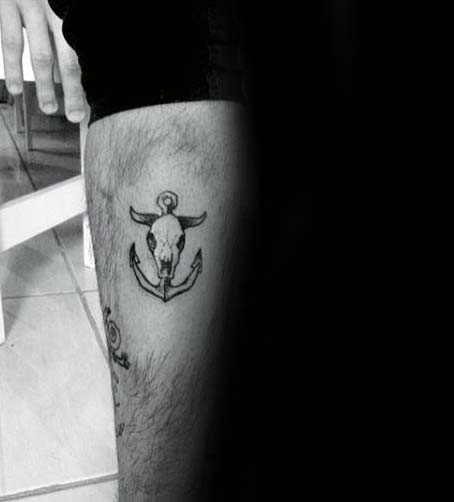 Small Simple Bull Skull Anchor Tattoo On Thigh For Men