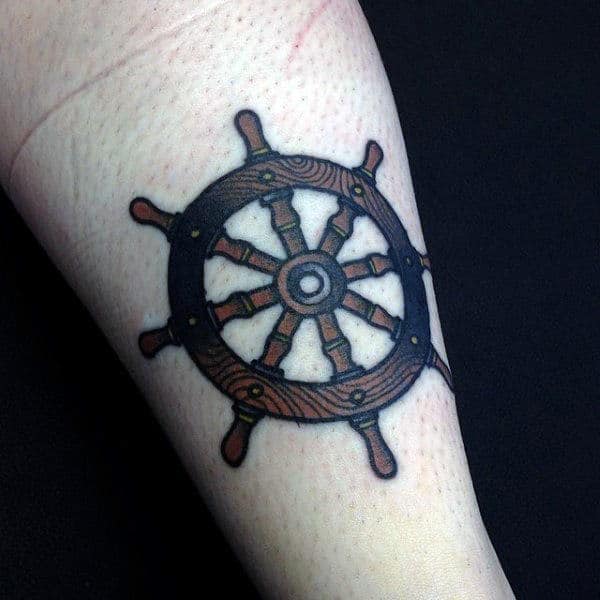 Small Simple Detailed Mens Ship Wheel Tattoo On Forearm
