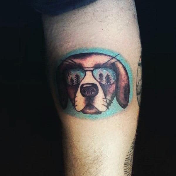 Small Simple Dog With Avaitor Sunglasses Tattoo On Arm