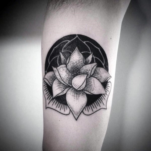 Small Simple Guys Black Ink Lotus Flower Negative Space Arm Tattoo