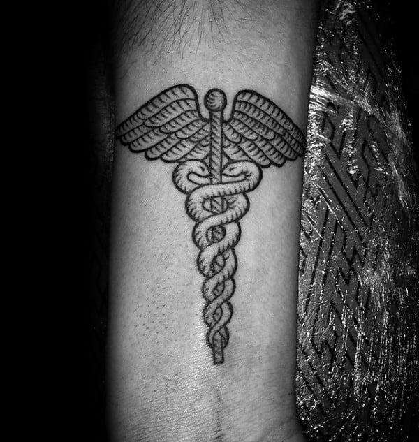 Small Simple Guys Caduceus Inner Forearm Tattoo With Black Ink Design