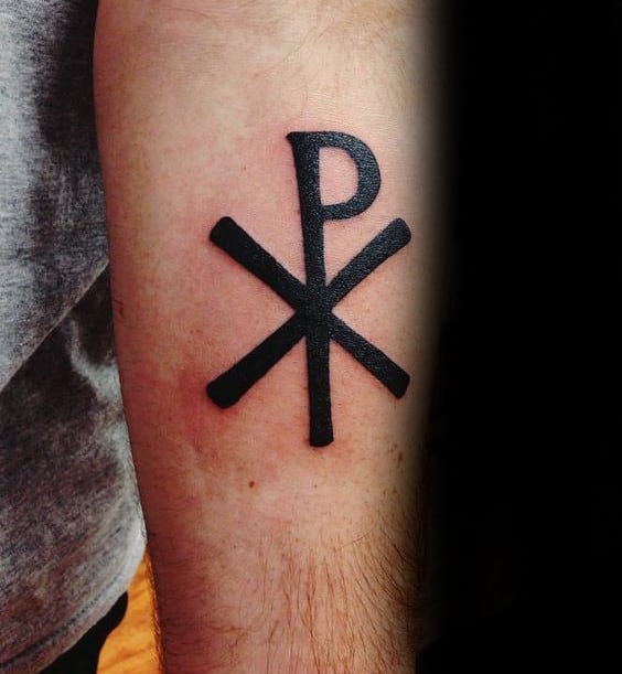 Small Simple Guys Christian Symbol Chi Rho Tattoo On Inner Forearm