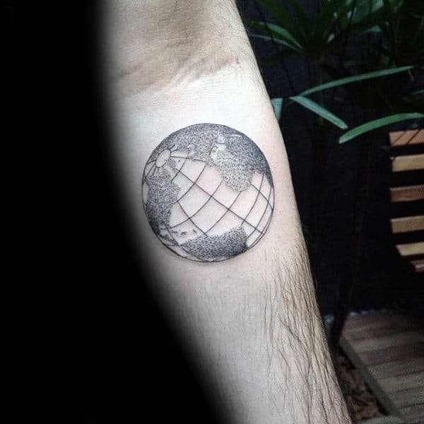 Small Simple Guys Dotwork Lines Globe Inner Forearm Tattoo Designs