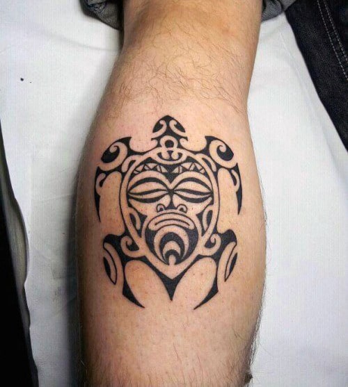 Small Simple Guys Face Turtle Tribal Leg Calf Tattoos