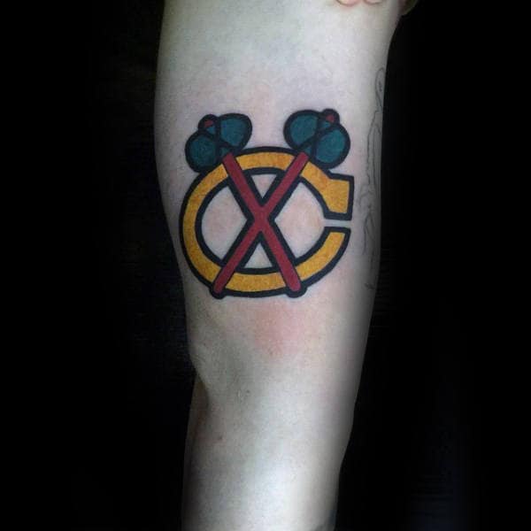 Small Simple Guys Hockey Blackhawks Tattoo On Inner Forearms