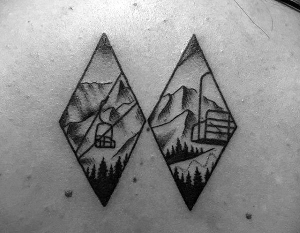 Small Simple Guys Skiing Double Diamond Tattoo On Back